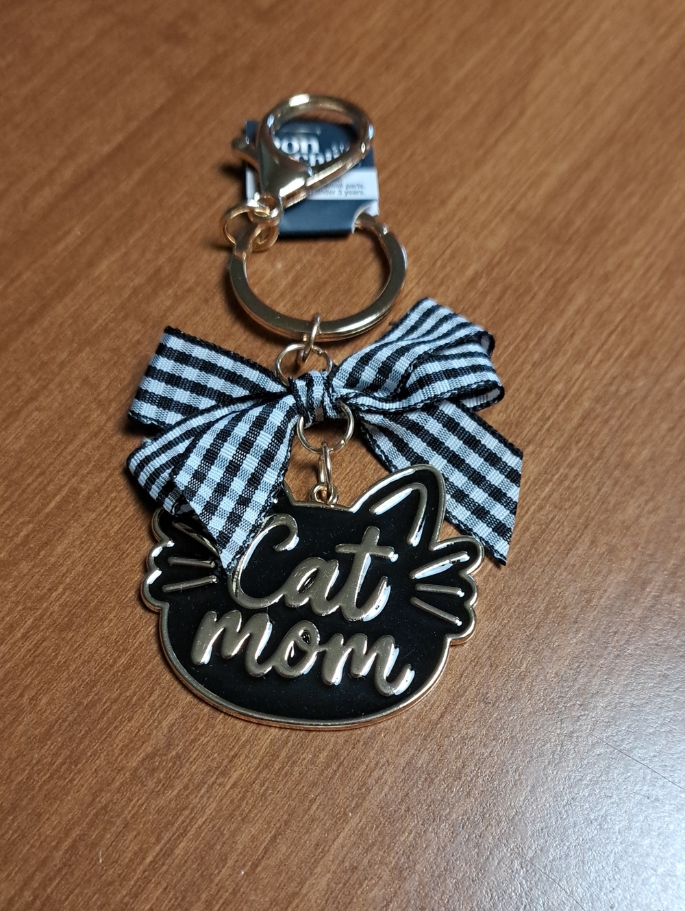 Cat Mom Keychain with Black & White Gingham Bow